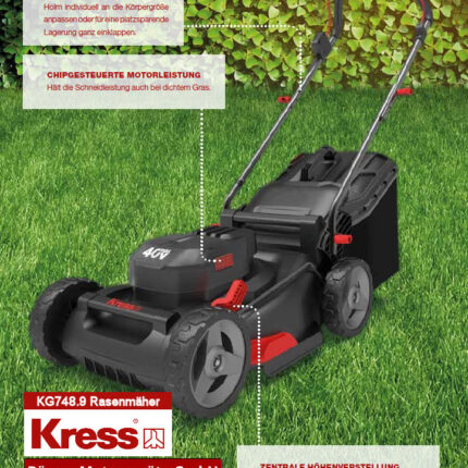 Kress KG748 Rasenmäher mit 2x Akku KAB04 + Ladegerät KAC04 – Detailansicht